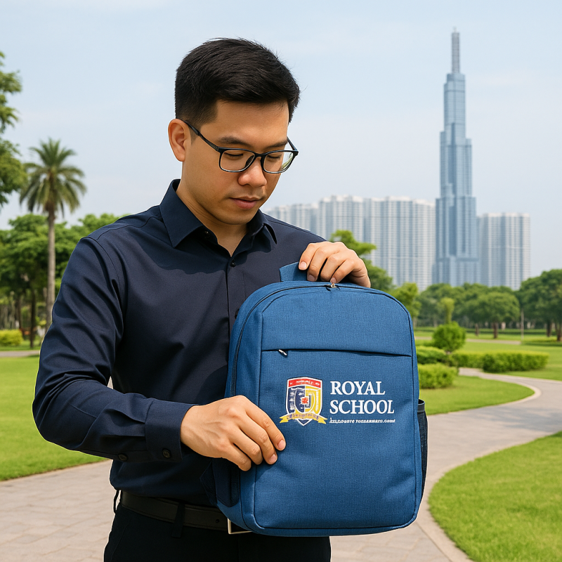 Balo quà tặng trung tâm Anh ngữ – nên in slogan hay chỉ để logo?