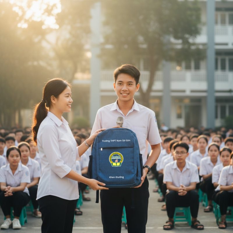 Balo in logo thương hiệu Trường Nam Sài Gòn màu sắc thương hiệu trẻ trung